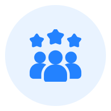 Three figures, three stars, blue icon.