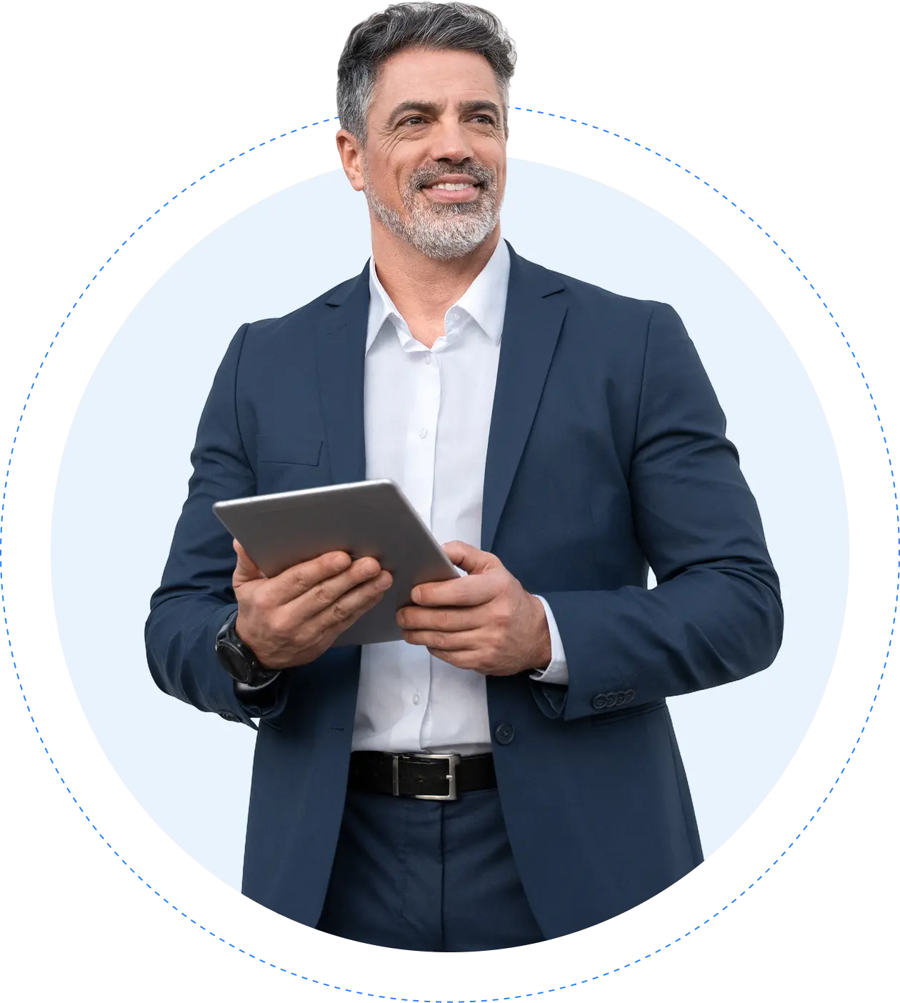 Man in suit holding a tablet, smiling.